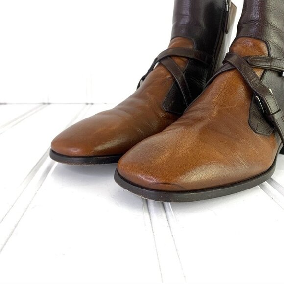 PRADA SAFFIANO BROWN SHOE  2 TONE POLISH LEATHER ANKLE BOOTS BLOCK STRAPPY MEN 6 - Picture 8 of 17